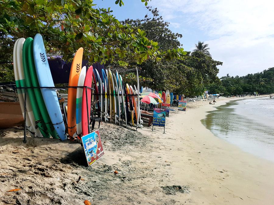 Surf boards on the beach at Hiriketiya